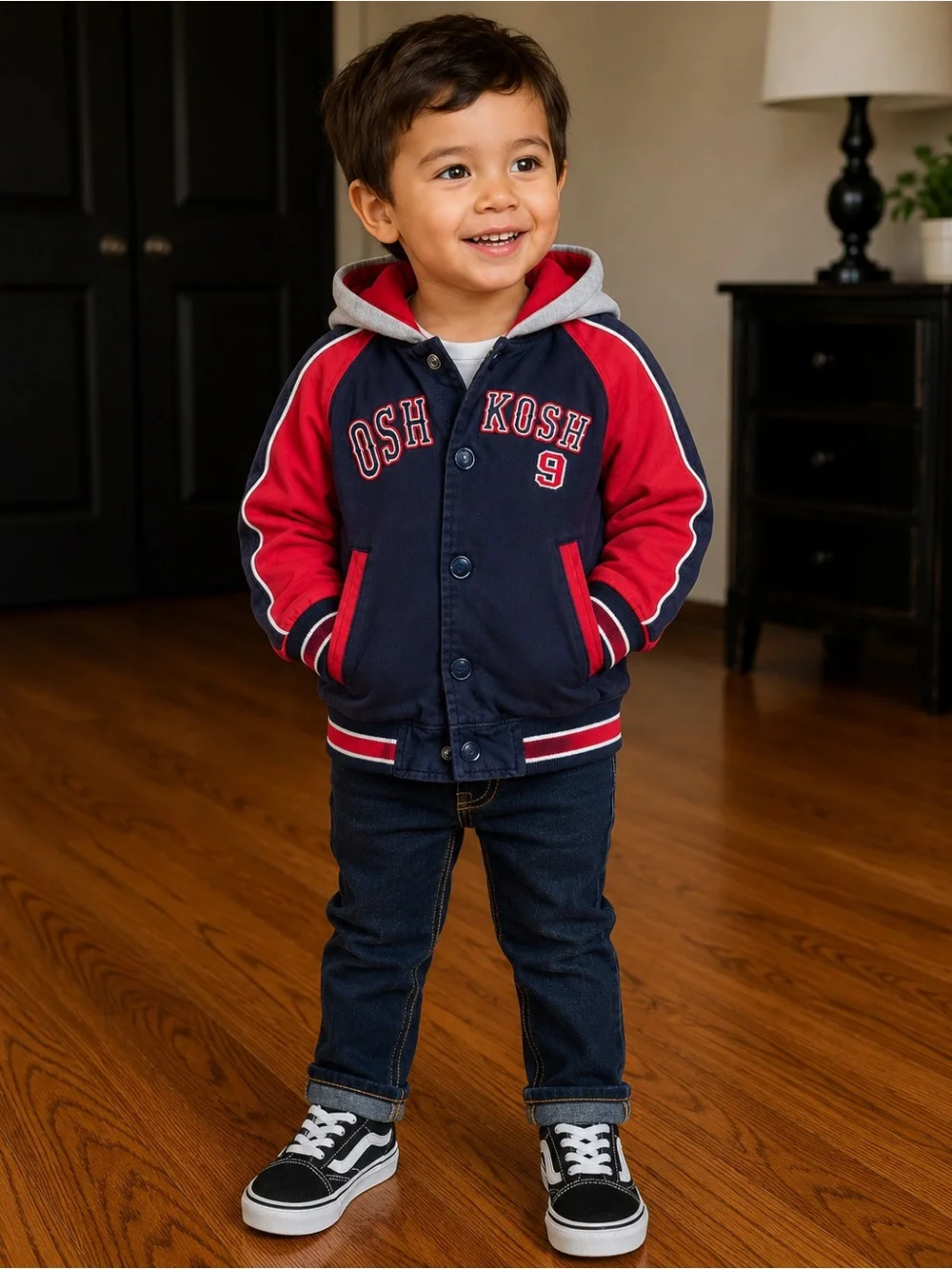 OshKosh Boys Hooded Varsity Jacket Size 3T – Red & Navy